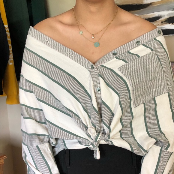 Mix-Match Green Striped Button-Down Blouse - Picture 2 of 6